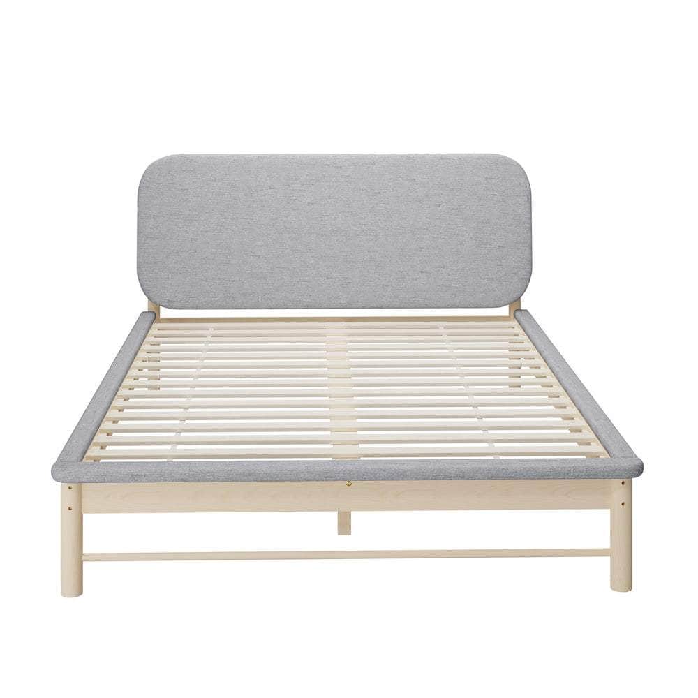 Wooden Bed Frame with Padded Fabric Edges Headboard Queen Size