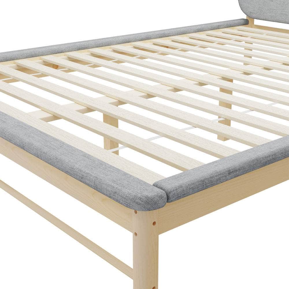 Wooden Bed Frame with Padded Fabric Edges Headboard Queen Size